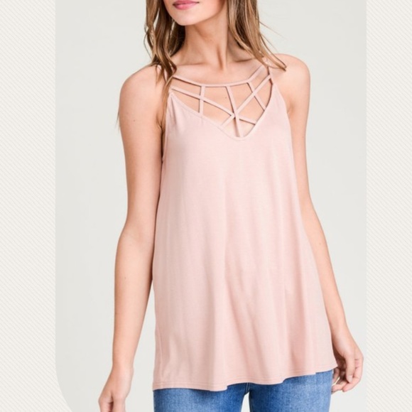 Tops - Rose Taupe Lattice V Neck Tank Top